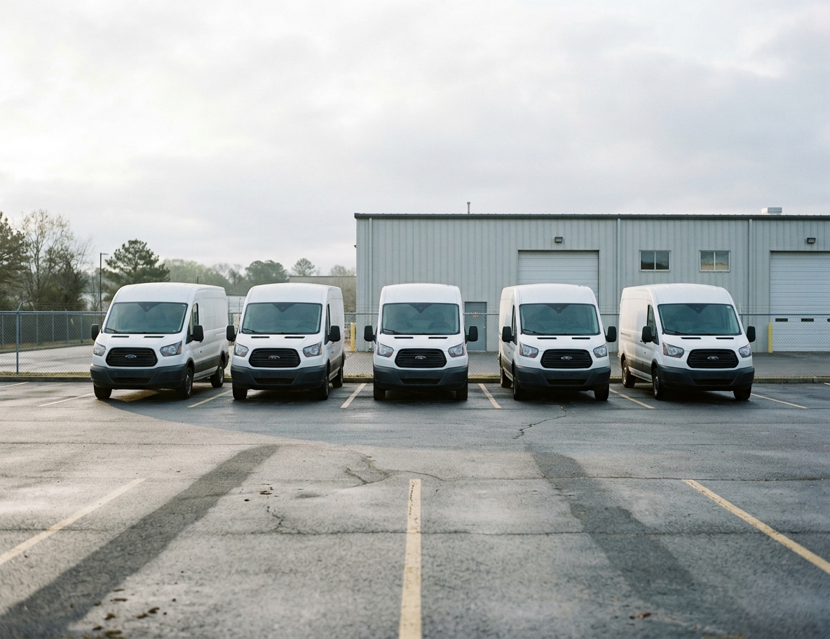 A fleet of vans parked at the depot at the start of the day